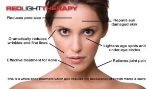 Visual representation of various skin benefits on a woman's face after red light therapy treatment